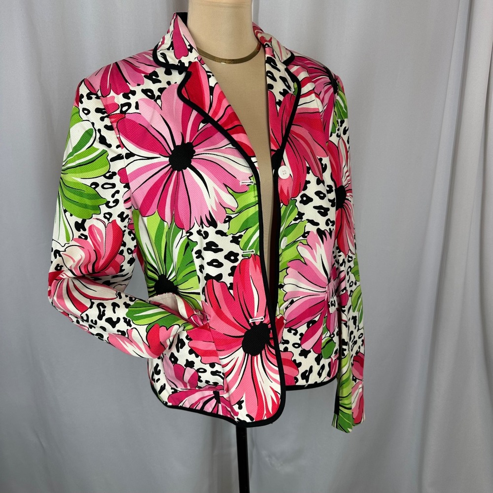 City Silk‎ Stretch Floral Leopard Jacket Women's Size 10 Pink Green Blazer
